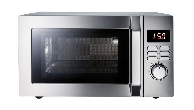 Modern stainless steel microwave oven with digital display and dial control