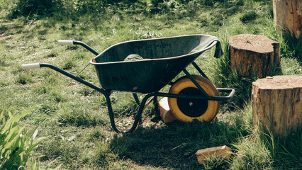 Single wheelbarrow with a yellow wheel stands on a sunlit green lawn surrounded by cut wooden stumps and scattered pieces of wood.  © Anya Kamyshnikova