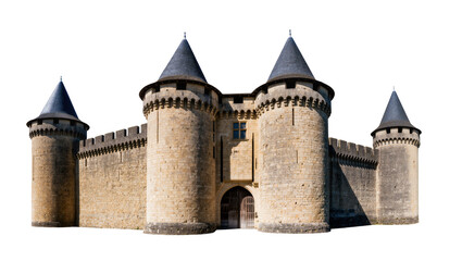 Medieval stone castle with conical towers and crenellated walls © Gabriela