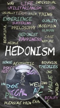Hedonism being studied, examined - under close inspection. Most important subjects and ideas closely related to hedonism written on a blackboard inspected by a magnifying glass. Can be looped