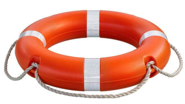 Orange life preserver ring with reflective bands and rope