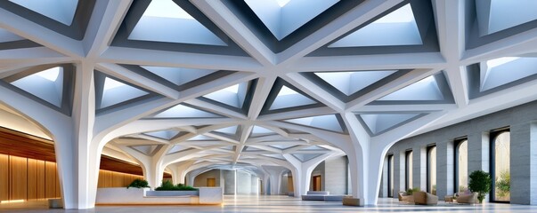Naklejka premium Modern white and gray vaulted atrium with geometric skylights and minimal lounge seating