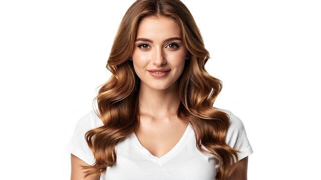 Smiling young woman with long wavy hair on white background