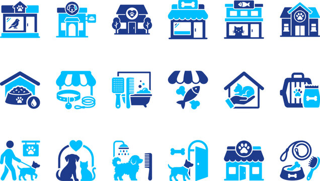 Pet care service icons including shops grooming and veterinary clinics, vector.