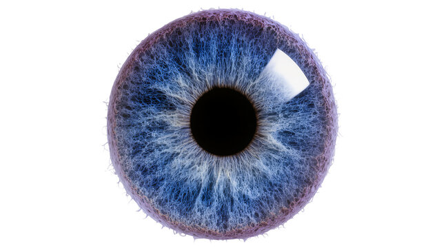 Extreme close-up of a blue iris with intricate details and a black pupil