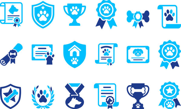dog award icons set for certificates trophies and ribbons with paw prints and bone.