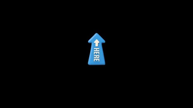 A blue arrow pointing upwards with the word here on it, used for direction or indication on a black background
