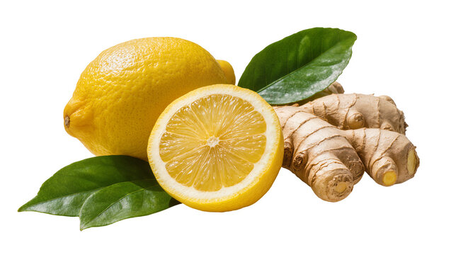 Whole lemon half lemon and ginger root with green leaves