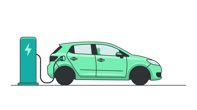 Modern Electric Vehicle Charging green hatchback car connected to a teal charging station ideal for sustainable energy blogs and perfect for automotive industry presentations.