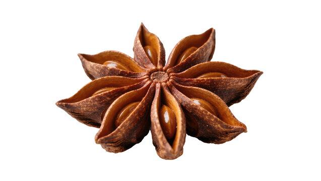 Single star anise spice pod with visible seeds, isolated on transparent background