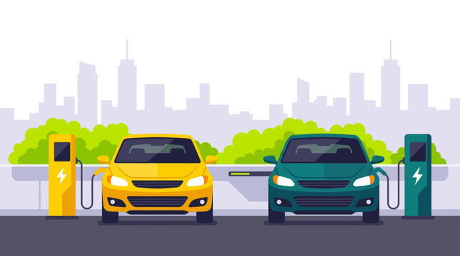 Electric Vehicle Charging Station Illustration featuring yellow and green cars plugged into power points with city skyline background ideal for renewable energy blogs.