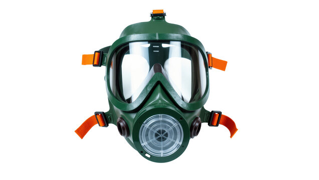 Green full face gas mask with orange straps, isolated on transparent background