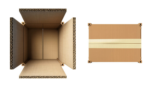 Open cardboard box with flaps extended and closed box with tape