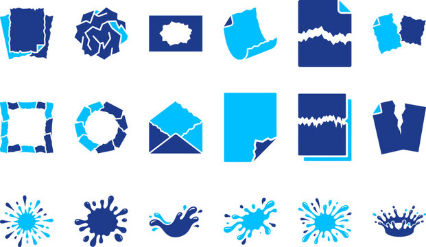 crumpled and torn paper icons and abstract ink splatters for design backgrounds.
