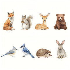 Naklejka premium Wildlife collection featuring a fox, squirrel, deer, bear, titmouse, blue jay, hedgehog, and rabbit is arranged in a decorative grid for nature-themed design projects.