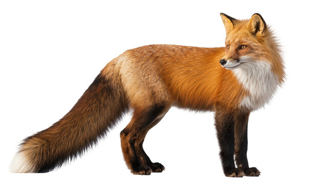 Red fox standing profile view with bushy tail
