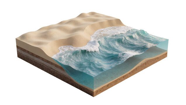 Cross section of sandy beach with ocean waves and underwater view