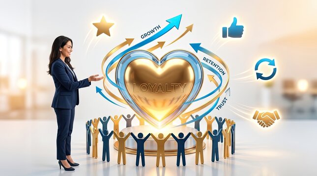 Business woman presenting customer loyalty concept with golden heart growth arrows retention trust and community engagement icons symbolizing strong client relationships