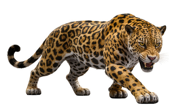 Jaguar snarling with mouth open full body, walking forward