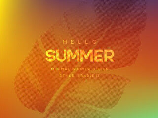 Fototapeta premium Vector summer gradient background with tropical leaves. Sunset and sunrise bright summer colors. Green, orange, purple, yellow. Covers, branding, poster, banner design.