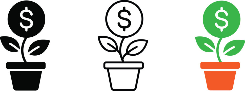 Money plant growing in a pot icon set vector illustration representing financial growth and investment