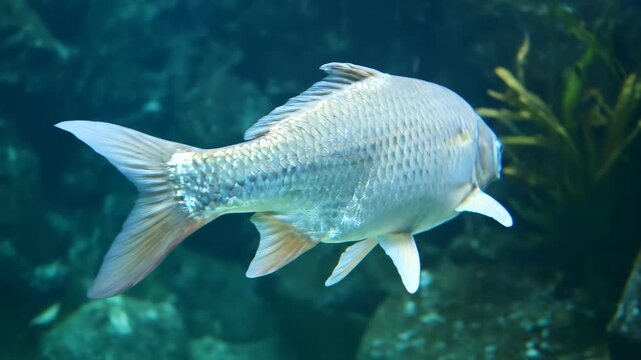 Real footage of grass carp swimming in the water, silver carp swimming in the water