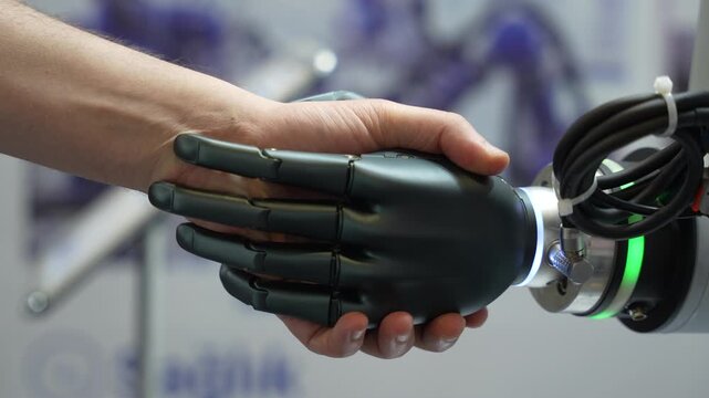 Human Hand Touching Robotic Hand Symbolizing Collaboration Between People and Artificial Intelligence