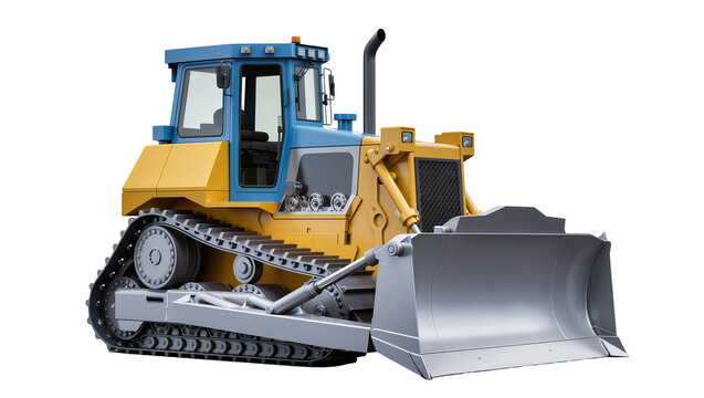 Yellow and blue bulldozer with large metal blade and tracks