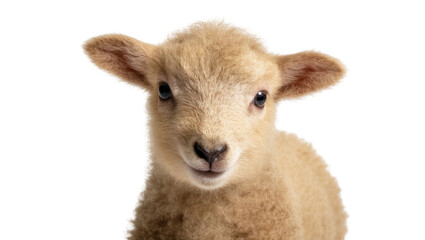 Fototapeta premium Fluffy light brown lamb face with dark eyes, isolated on transparent background