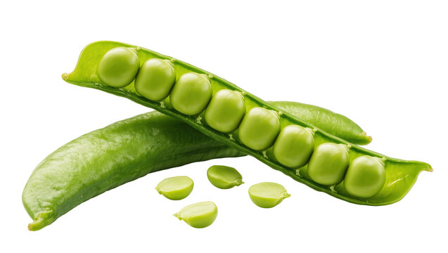 Fresh green pea pods with loose peas, isolated on transparent background