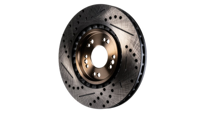 Perforated and slotted metal brake rotor with bronze hub, isolated on transparent background