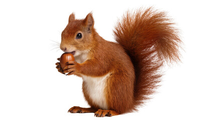 Fototapeta premium Red squirrel holding a hazelnut in its paws