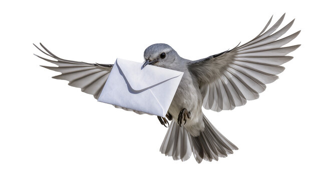 Gray bird flying with white envelope in beak
