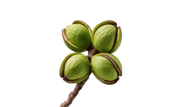 Four green unripe pecans on branch with open husks