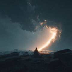 Fototapeta premium Solitary figure observes intense cosmic light cutting through dark, turbulent atmosphere over a rocky shore