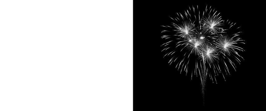 Monochrome fireworks explosion on black background, white firework burst with alpha channel mask, festive pyrotechnic display for compositing