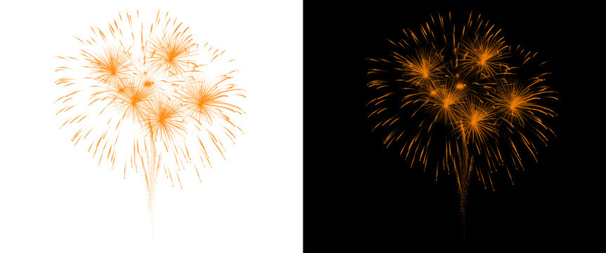 Golden orange fireworks burst isolated on white and black backgrounds, festive pyrotechnic explosion, glowing firework sparks for holiday celebration design