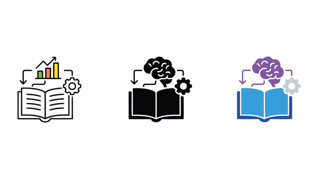 Open book with brain gears and rising bar charts depicting learning analytics cognitive processing and intellectual development