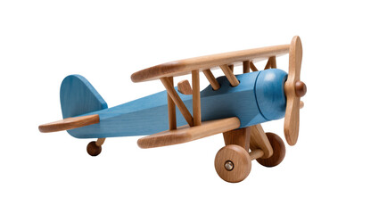 Blue wooden biplane toy with propeller and wheels, isolated on transparent background © Emilija
