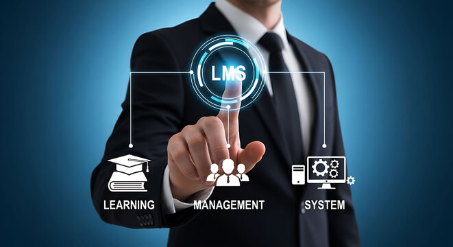 Businessman touching LMS learning management system virtual screen icon concept
