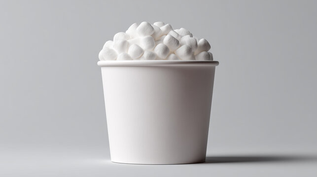 White paper cup filled with marshmallows isolated on neutral background