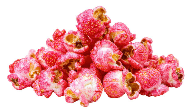 Pile of pink raspberry flavored popcorn, isolated on transparent background