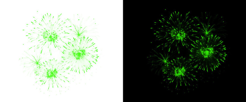 Green fireworks explosion isolated on white and black backgrounds, glowing emerald pyrotechnics burst, festive firework display for holiday celebration