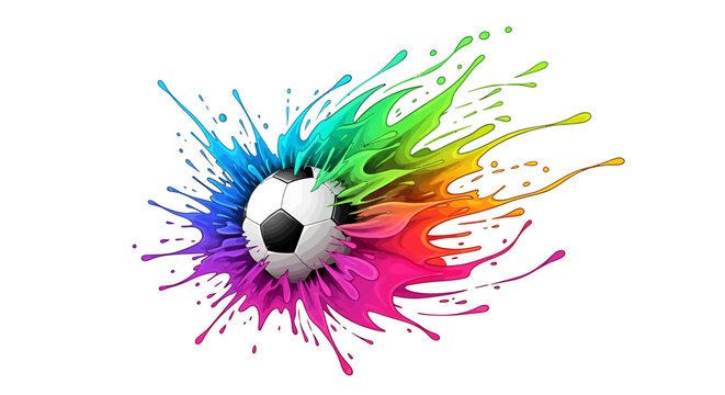 Dynamic soccer ball exploding with vibrant colorful paint splatters.