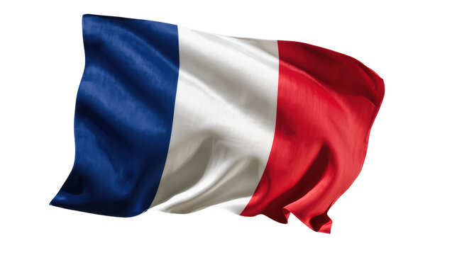 Waving French flag with blue white and red stripes, isolated on transparent background