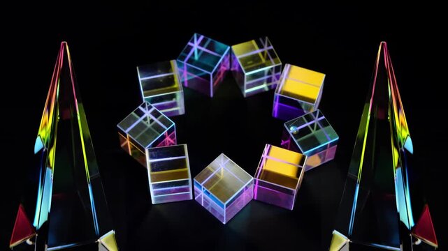 dichroic crystal prism cubes refracting light into a beautiful display of rainbow colors