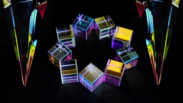 dichroic crystal prism cubes refracting light into a beautiful display of rainbow colors