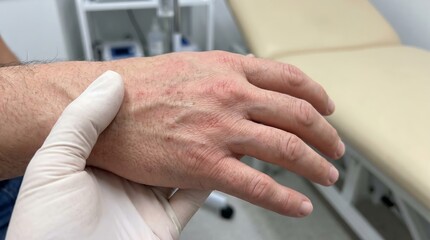 Naklejka premium Medical professional examining a patient's hand with a skin rash in a clinical setting.