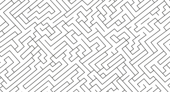 Complex black and white maze puzzle, angular labyrinth vector design, brain teaser challenge art, abstract cognitive visual pattern