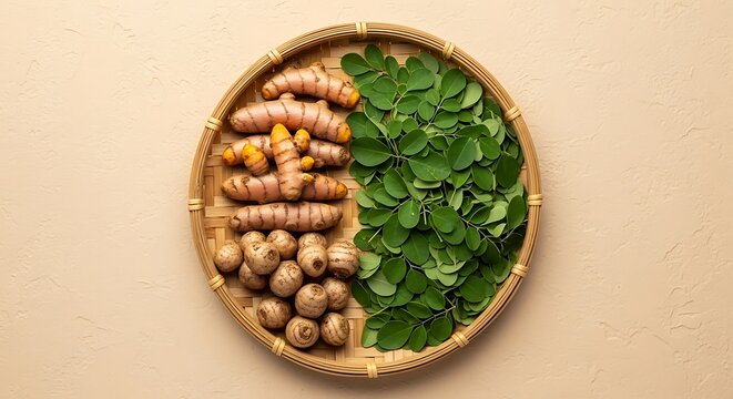 Fresh Turmeric, Moringa Leaves, and Fingerroot in a Bamboo Tray